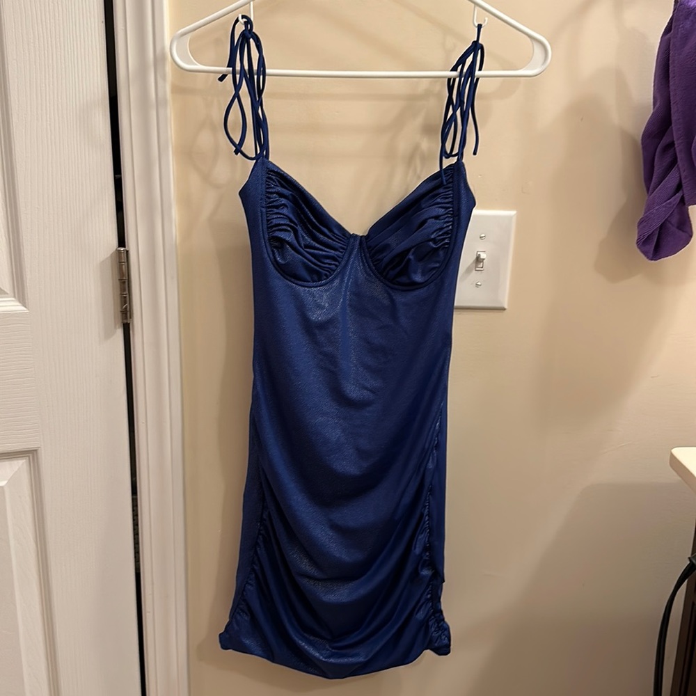 Carol Shiny Ruched Bodycon Dress in Blue